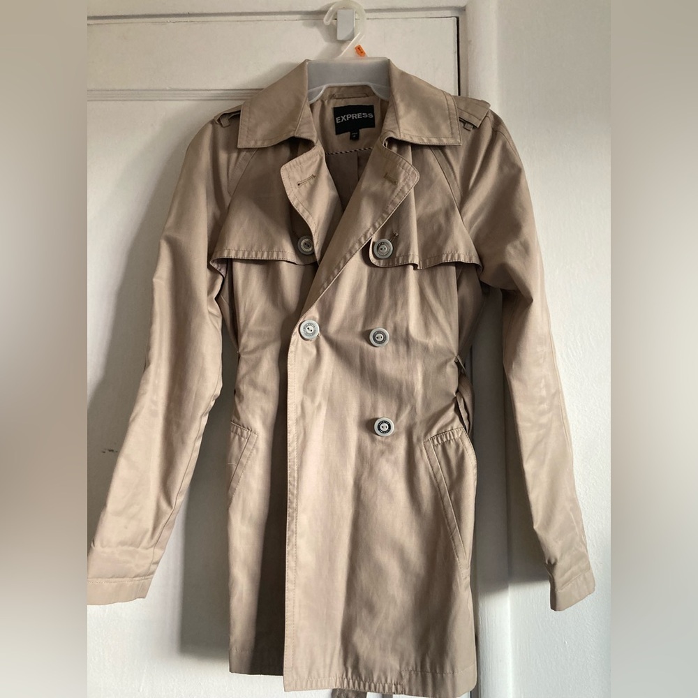 Express Tan Trench Coat with Belted Waist and Storm Flaps
